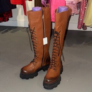 Eccellenza Donna Brown Leather Knee-High Lace-Up Combat Boots